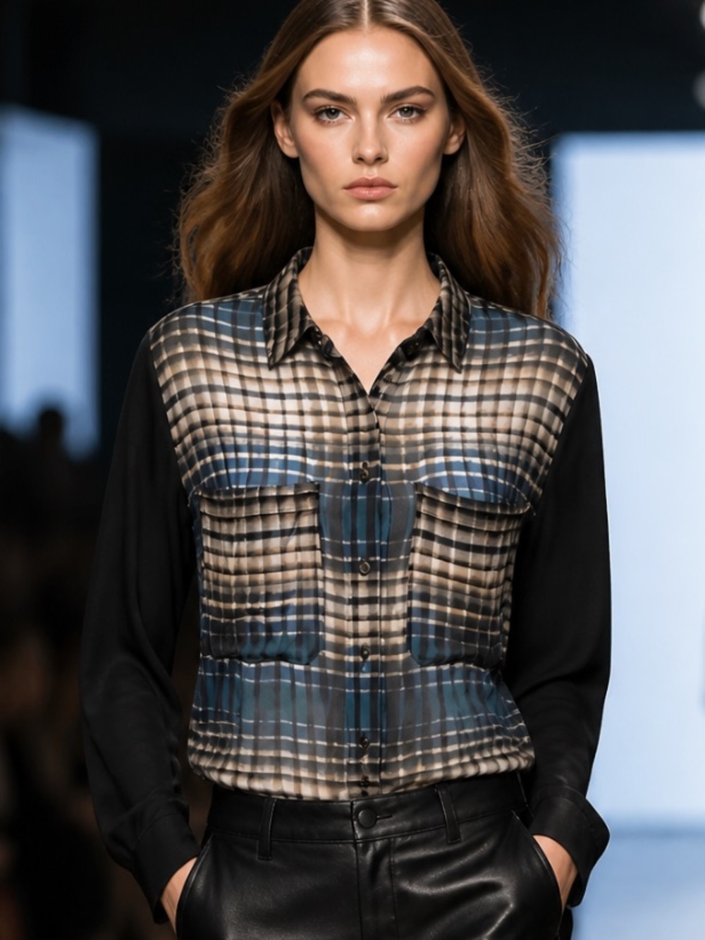 KAREN MILLEN Blouse Shirt Sheer Plaid Button Down Career Size 8